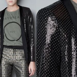 Zara Woman Gold Polka Dot Sequin Embellished Open Front Tuxedo jacket Blazer S